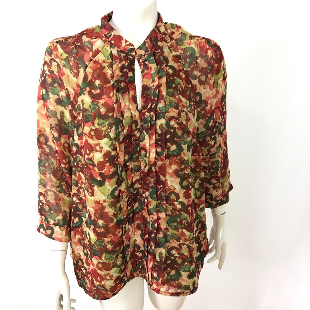 Coldwater Creek Large 14 Smocked Peasant Pullover Button Keyhole Blouse Red MINT